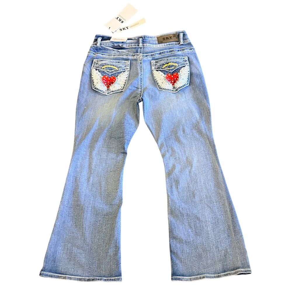 Sky Premium Collection Embellished Western Flare Jeans MidRise Medium Wash 15/32